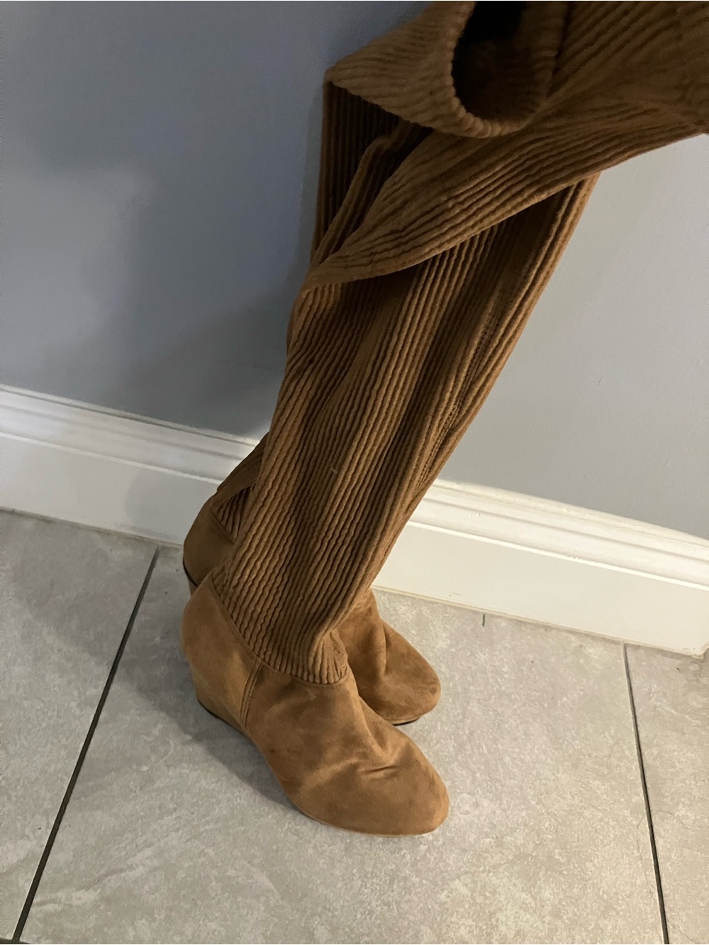 Over-the-Knee Sock Wedge Boots in Tan